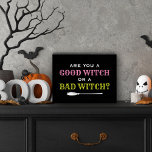 Good Witch or a Bad Witch Black Halloween Quote Wooden Box Sign<br><div class="desc">This funny personalised wooden Halloween art decor features the quote "Are you a good witch or a bad witch?" typography design in white,  pink,  and yellow green colours with witch's broomstick accent.</div>