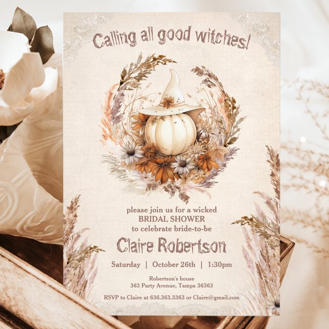 Good Witch Pumpkin Halloween Bridal Shower Party  Invitation (Good Witch Pumpkin Halloween Boho Bridal Shower Invitation)