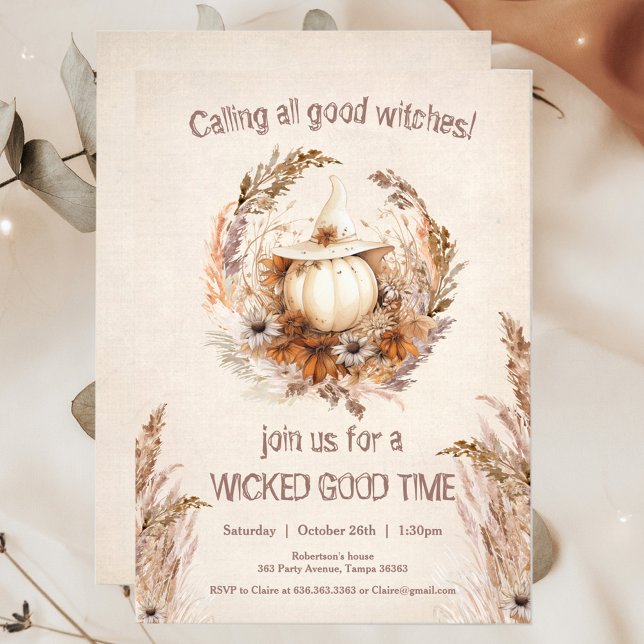 Good Witch Pumpkin Halloween Girls Night Party Invitation (Good Witch Pumpkin Halloween Boho Girls Out Night or Birthday Invitation)