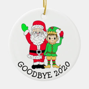 Goodbye 2020 Santa and Elf in Facemask Ceramic Ornament