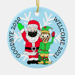 Goodbye 2020, Welcome 2021 Santa Elf Facemask Ceramic Ornament