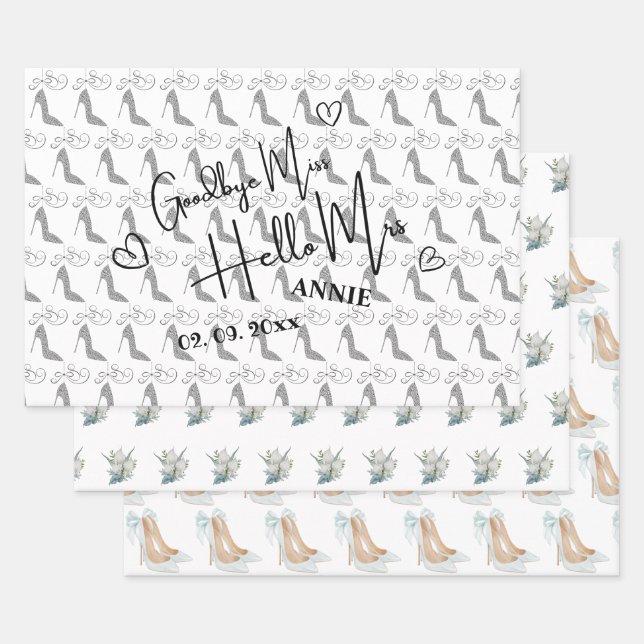 Goodbye Miss Hello Mrs Bridal Shower white Wrapping Paper Sheet (Set)