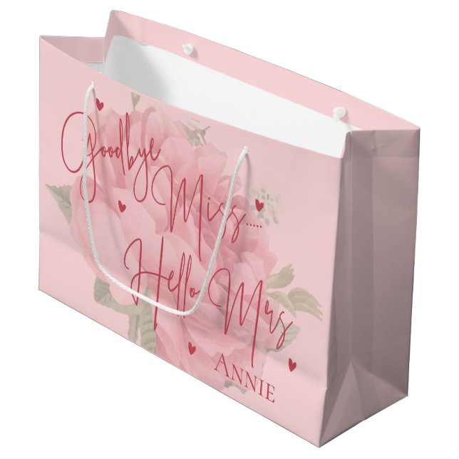 Goodbye Miss Hello Mrs Pink Floral Bridal Shower Large Gift Bag (Front Angled)