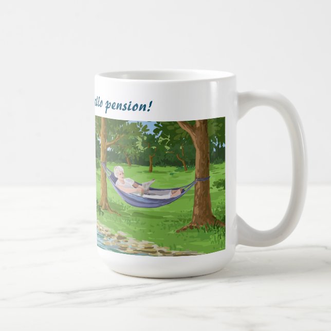 Goodbye tension, hello pension, hammock, funny coffee mug (Right)