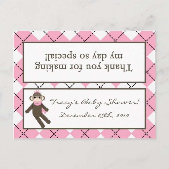 Goody Bag Topper Pink Argyle Sock Monkey Invitation Postcard (Front)