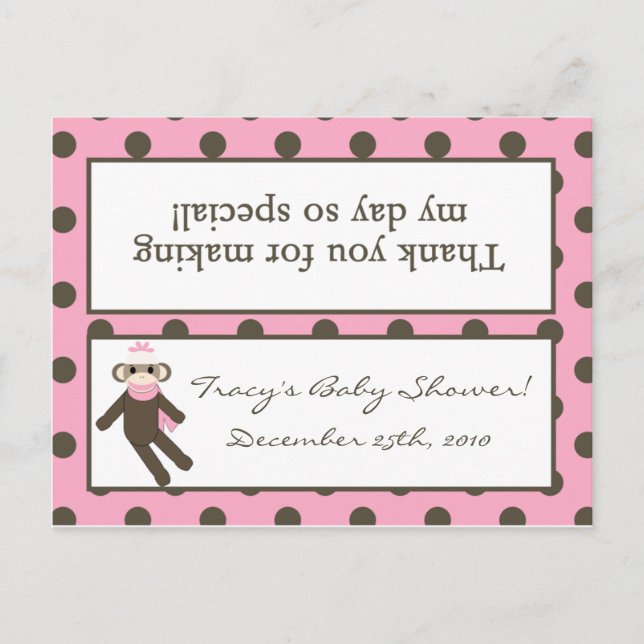 Goody Bag Topper Pink Sock Monkey Invitation Postcard (Front)