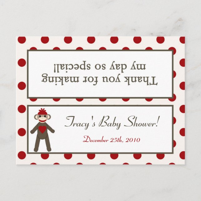 Goody Bag Topper Red Sock Monkey Invitation Postcard (Front)