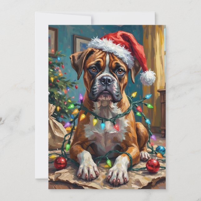 Goofy Boxer Dog Tangled in Christmas Lights Holiday Card (Front)