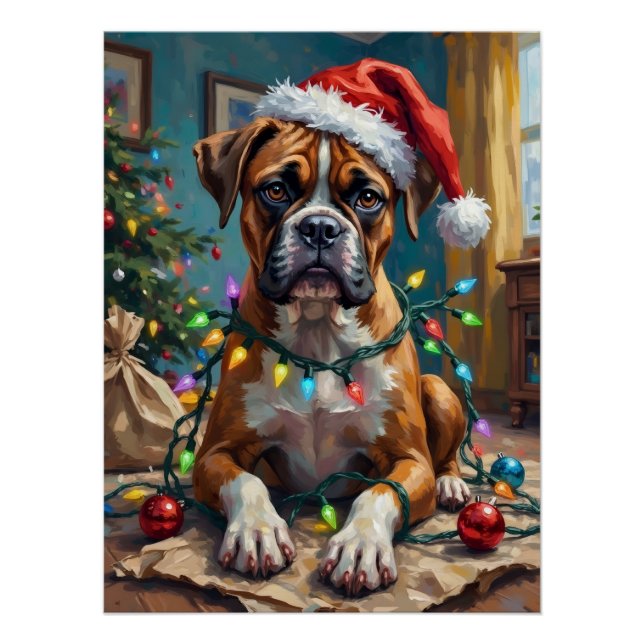 Goofy Boxer Dog Tangled in Christmas Lights Poster (Front)