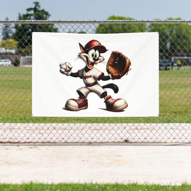 Goofy Cat Baseball Pitcher Winds Up Banner (Insitu)