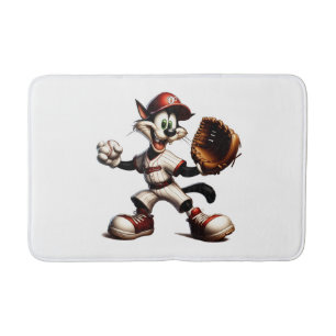 Goofy Cat Baseball Pitcher Winds Up Bath Mat