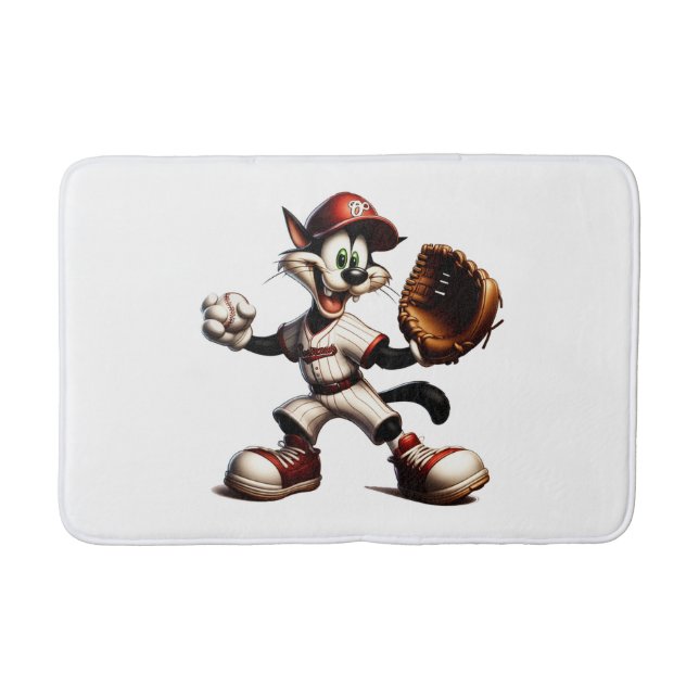 Goofy Cat Baseball Pitcher Winds Up Bath Mat (Front)