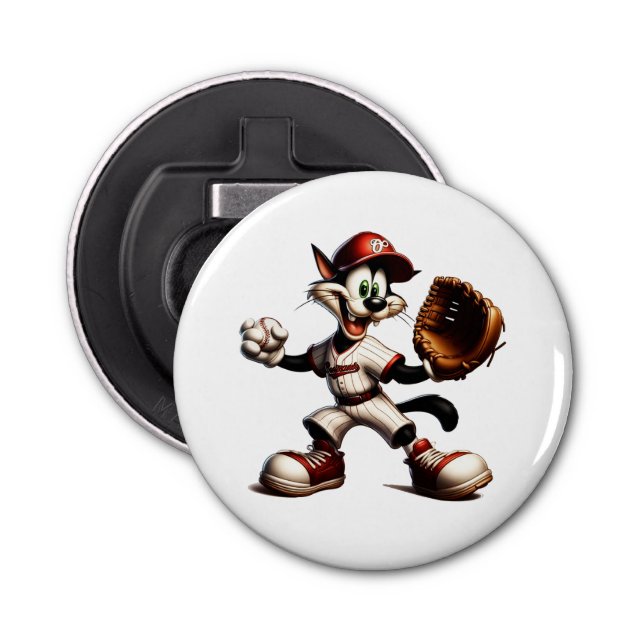 Goofy Cat Baseball Pitcher Winds Up Bottle Opener (Front)