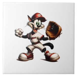 Goofy Cat Baseball Pitcher Winds Up Ceramic Tile