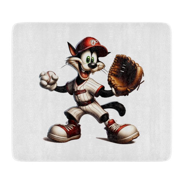 Goofy Cat Baseball Pitcher Winds Up Cutting Board (Front)