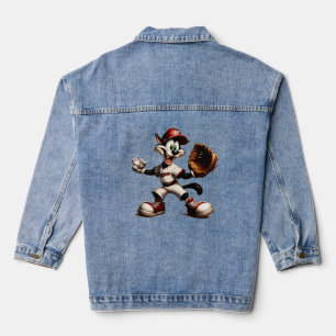 Goofy Cat Baseball Pitcher Winds Up Denim Jacket