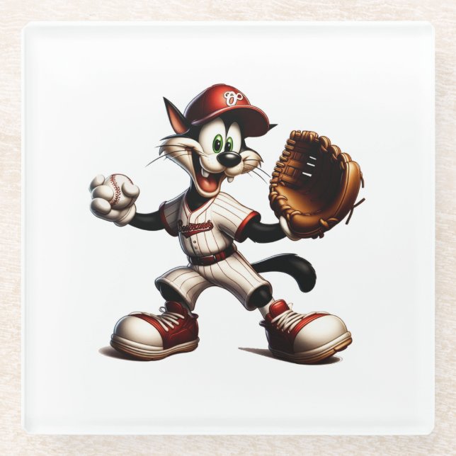Goofy Cat Baseball Pitcher Winds Up Glass Coaster (Front)