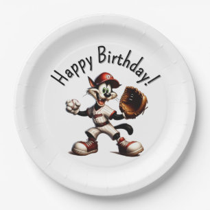 Goofy Cat Baseball Pitcher Winds Up Happy Birthday Paper Plate