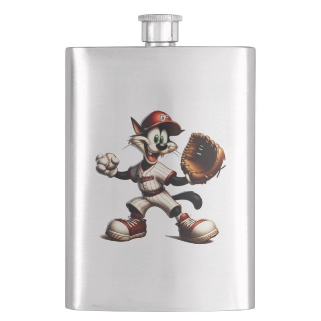 Goofy Cat Baseball Pitcher Winds Up Hip Flask (Front)