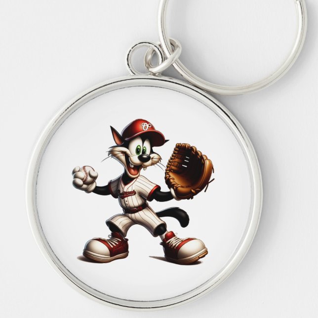 Goofy Cat Baseball Pitcher Winds Up Key Ring (Front)