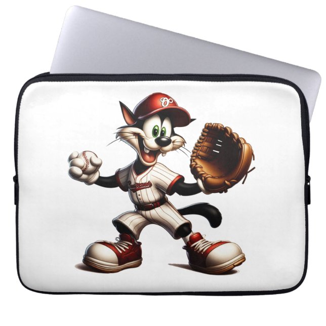 Goofy Cat Baseball Pitcher Winds Up Laptop Sleeve (Front)