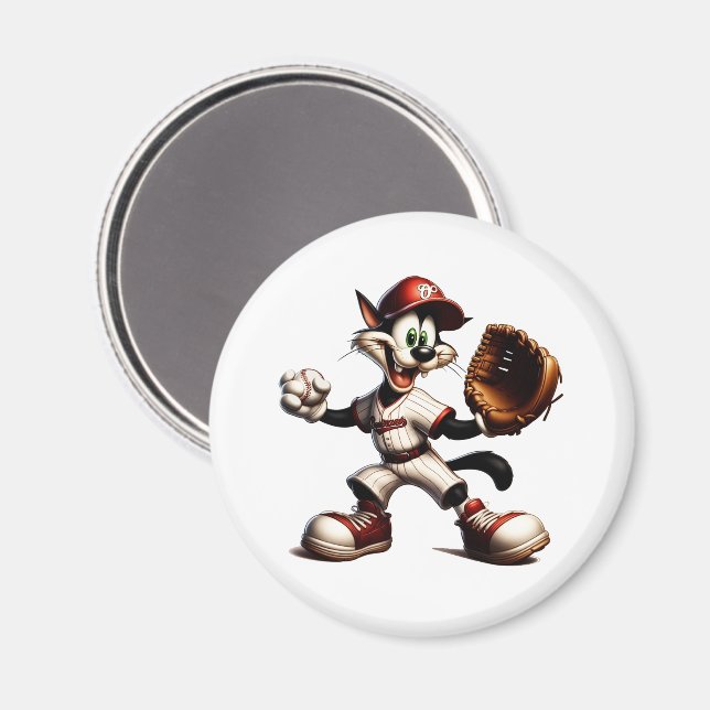 Goofy Cat Baseball Pitcher Winds Up Magnet (Front/Back)