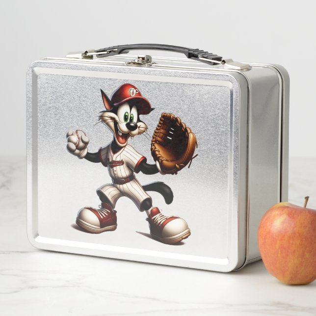 Goofy Cat Baseball Pitcher Winds Up Metal Lunch Box (In Situ)