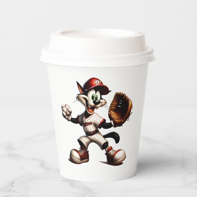 Goofy Cat Baseball Pitcher Winds Up Paper Cups (Front)