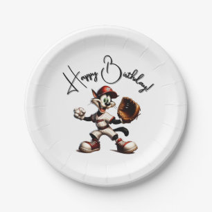 Goofy Cat Baseball Pitcher Winds Up Paper Plate