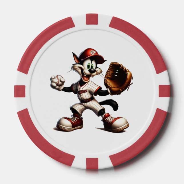 Goofy Cat Baseball Pitcher Winds Up Poker Chips (Front)