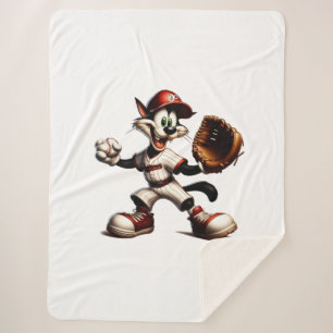 Goofy Cat Baseball Pitcher Winds Up Sherpa Blanket