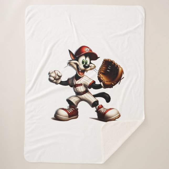 Goofy Cat Baseball Pitcher Winds Up Sherpa Blanket (Front)