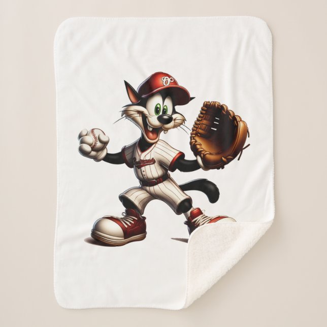 Goofy Cat Baseball Pitcher Winds Up Sherpa Blanket (Front)