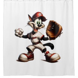 Goofy Cat Baseball Pitcher Winds Up Shower Curtain