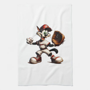 Goofy Cat Baseball Pitcher Winds Up Tea Towel