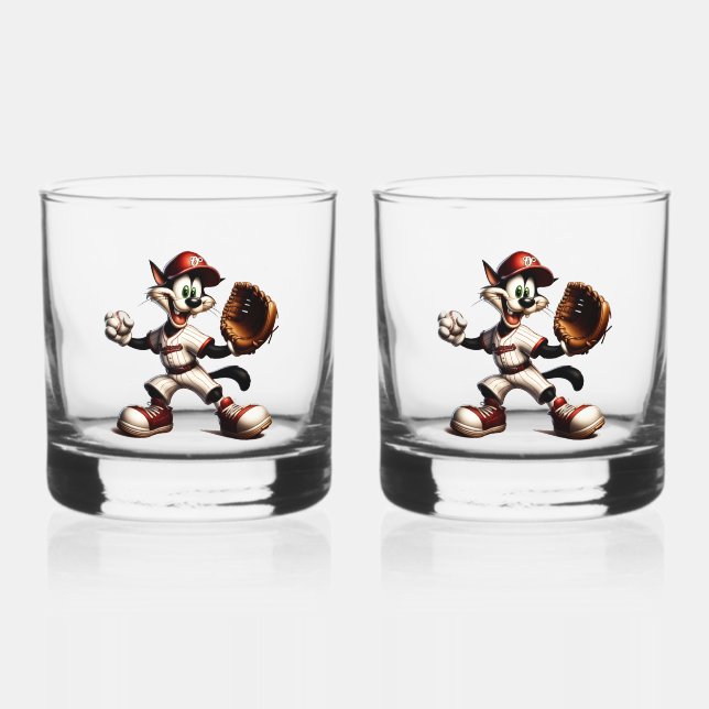 Goofy Cat Baseball Pitcher Winds Up Whiskey Glass (Front)