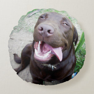 Goofy Delights: Chocolate Brown Labrador Puppy, Round Cushion