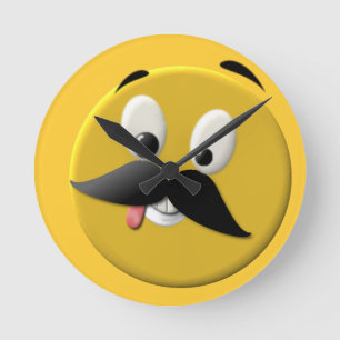 Goofy Happy Face with Moustache Round Clock