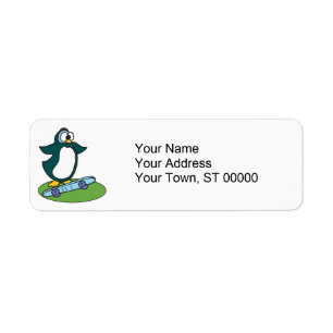 goofy penguin on skateboard return address label