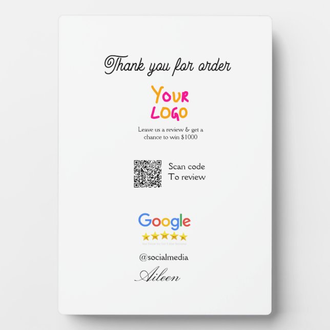 Google review business logo website scan QR code Plaque (Front)