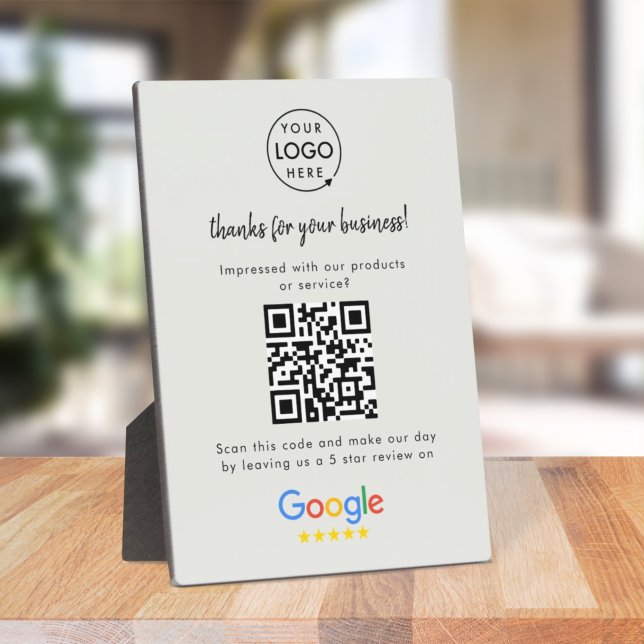 Google Review Link | QR Code Grey Business Reviews Plaque (Google Review interactive QR code tabletop easel plaque signs branded with your company logo.)
