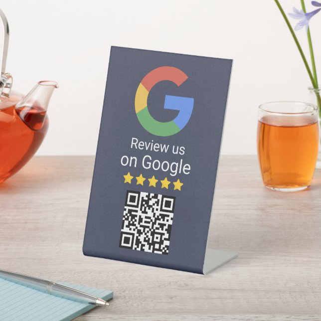 Google Review QR Code Blue Business Tabletop Sign (In SItu)