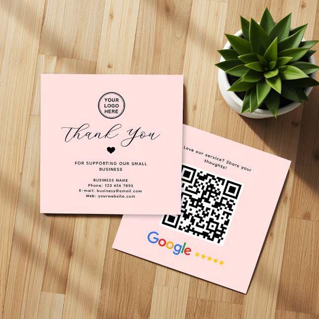 Google Review QR Code Thank You Square Pink Square Business Card (Creator Uploaded)