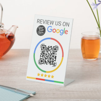 Google Review QR Code with Stars White Pedestal Sign