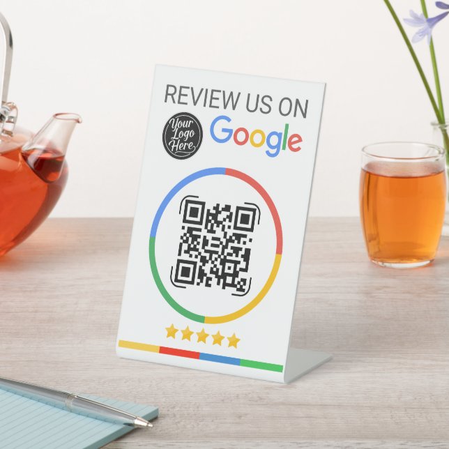 Google Review QR Code with Stars White Pedestal Sign (In SItu)