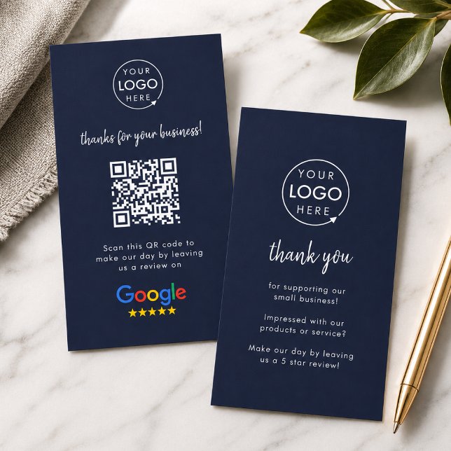 Google Review us Business Thank You QR Code Navy Card (Google Review interactive QR code business card branded with your company logo.)