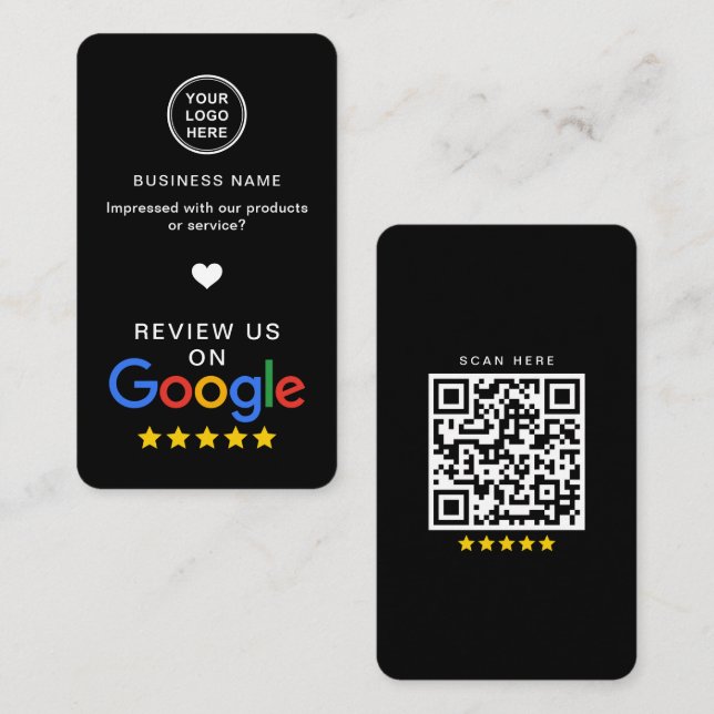 Google Review With QR Code Sleek Black Business Card (Front/Back)