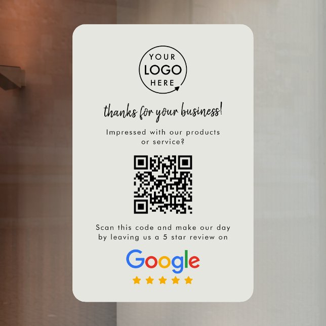 Google Reviews | Business Review Link QR Code Grey (Google Review interactive QR code window cling branded with your company logo.)