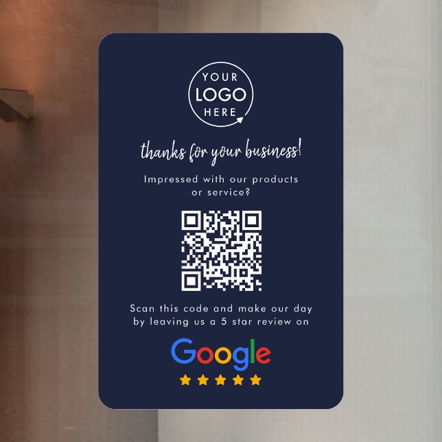 Google Reviews | Business Review Link QR Code Navy (Google Review interactive QR code window clings branded with your company logo.)
