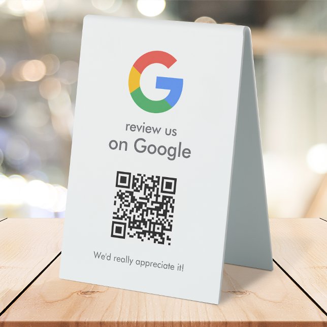 Google Reviews Tabletop Sign | QR Code Pedestal (Google review QR code branded table tent signs for your business.)